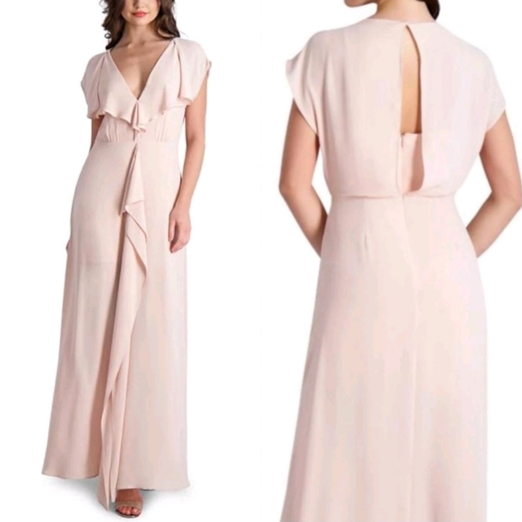 Bcbgmaxazria Womens Evette Pink Ruffled Chiffon V-Neck Frpnt Slit Dress Sz 4